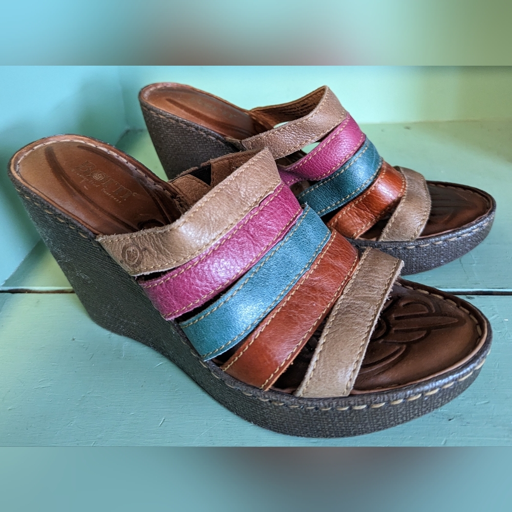 Born Slip On Rainbow Wedges, Sandals, Size 9